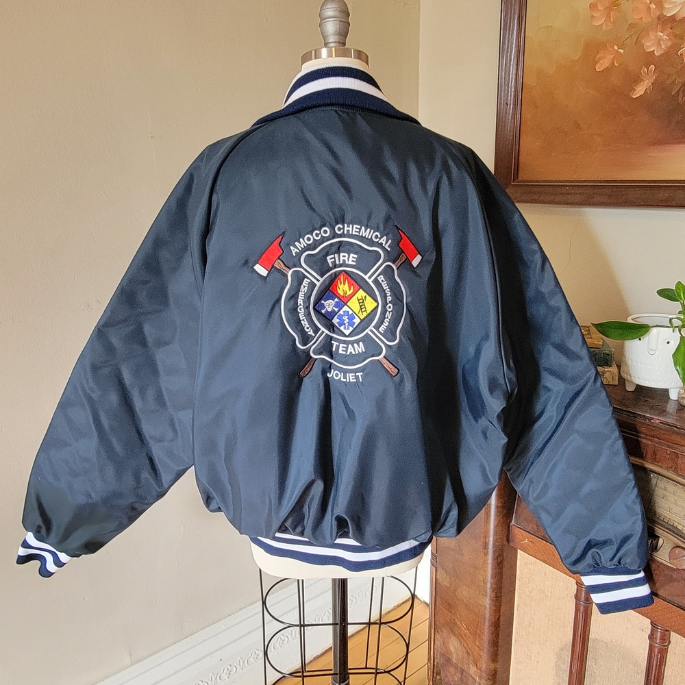 Vintage Amoco Chemical Navy Embroidered Bomber Jacket Fire Team Rescue XL